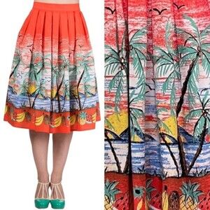 Dancing Days Tropical Circle Skirt Orange Beach Palms Retro Pinup Size Small